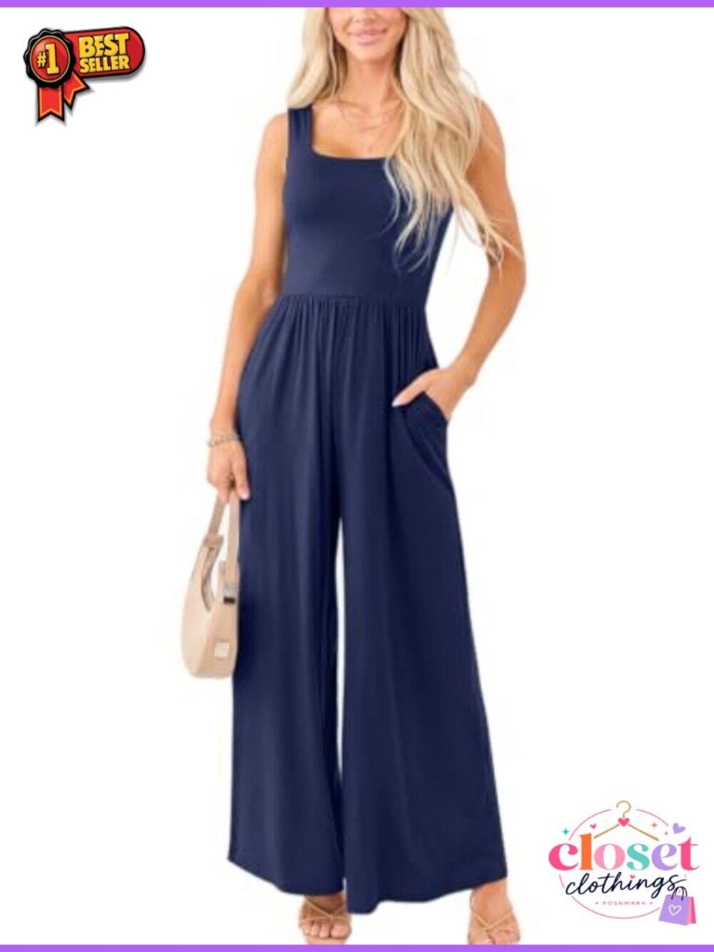 Women's Square Neck Sleeveless Wide Leg Jumpsuit with Pockets
